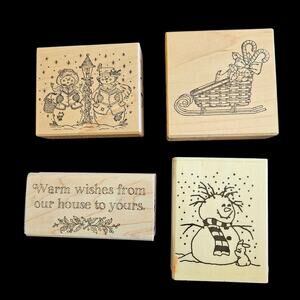 Vintage Christmas Rubber Stamp Lot Snowmen Sled Warm Wishes Wood Mount